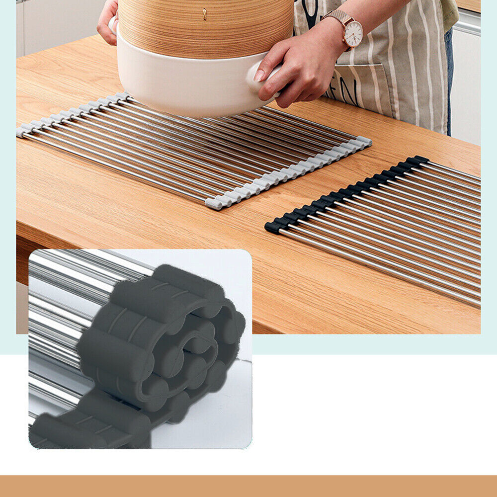 Kitchen Stainless Steel Sink Drain Rack Roll Up Dish Drying Drainer Mat heat resistant