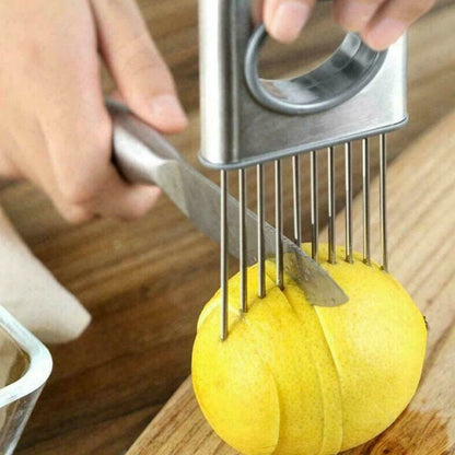 Onion Holder Slicer Vegetable Tools Stainless Steel Easy Onion Holder Slicing Guide Vegetable Tomato Lemon Meat Holder Slicer Tools Cutter, Cutting Kitchen Gadget, Silver cutting lemon