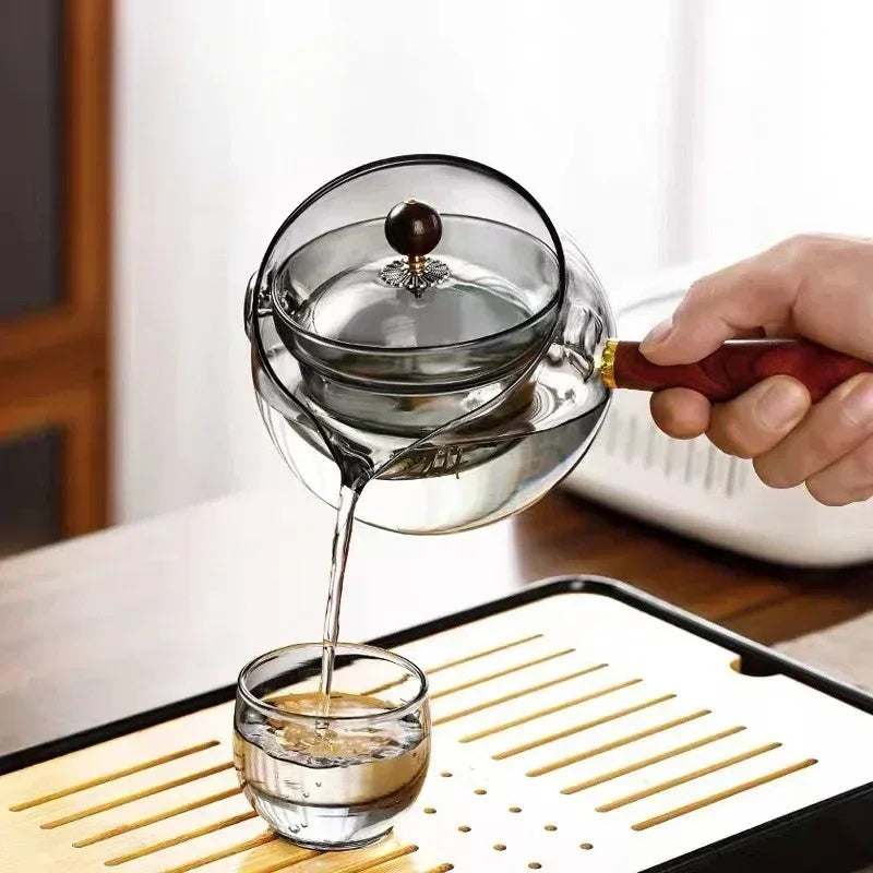 Rotary Teapot Heat-resistant Glass Teapot Lazy Tea Making With Infuser And Wooden Handle Office Home Accessories Kitchen Gadgets