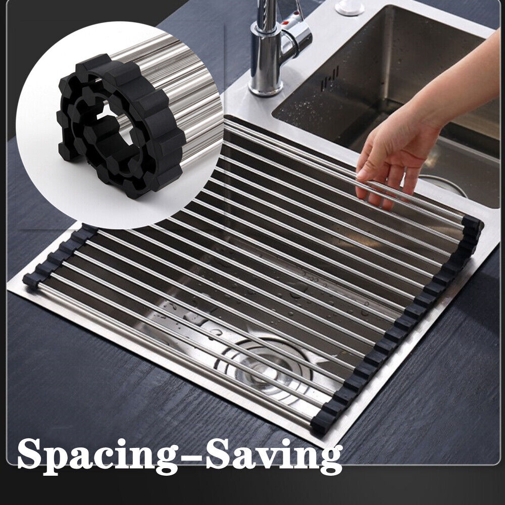 Kitchen Stainless Steel Sink Drain Rack Roll Up Dish Drying Drainer Mat heat resistant