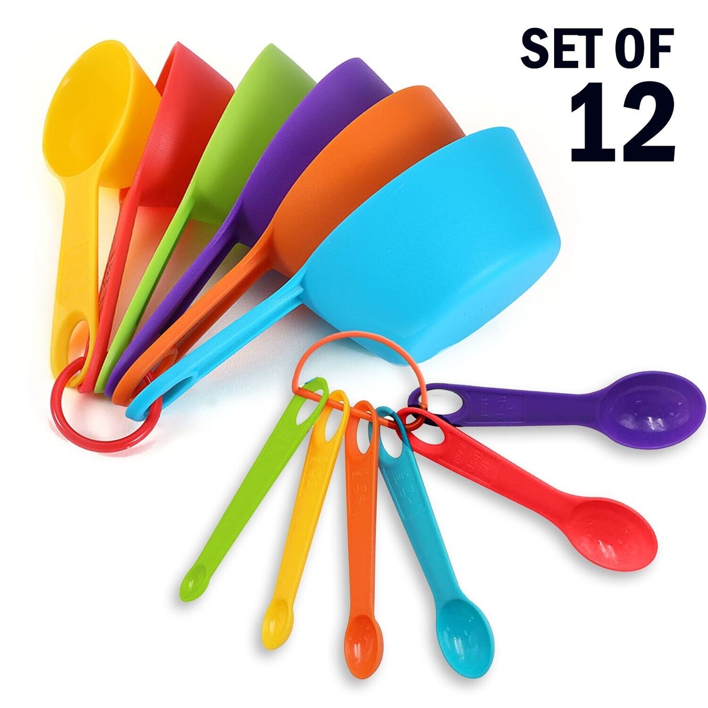 12 PCS - Set Of 6 Measuring Spoons And 6 Cups MultiColor Durable Plastic Kitchen Tools