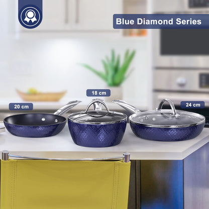 Frying Pan Sets Non Stick Blue 3D Diamond Cookware Kitchen Essential