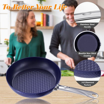 Frying Pan Sets Non Stick Blue 3D Diamond Cookware Kitchen Essential