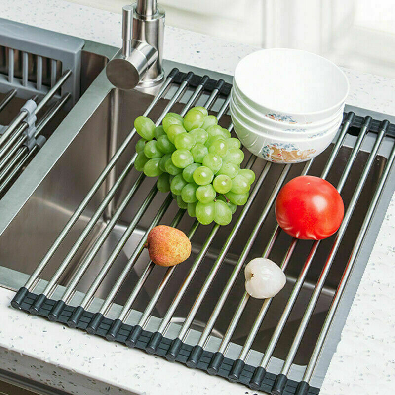 Kitchen Stainless Steel Sink Drain Rack Roll Up Dish Drying Drainer Mat heat resistant