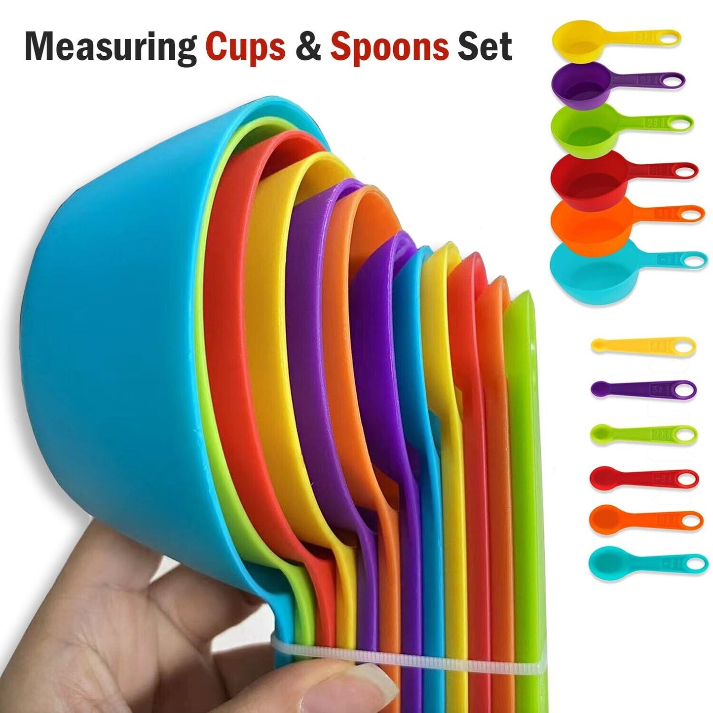 12 PCS - Set Of 6 Measuring Spoons And 6 Cups MultiColor Durable Plastic Kitchen Tools