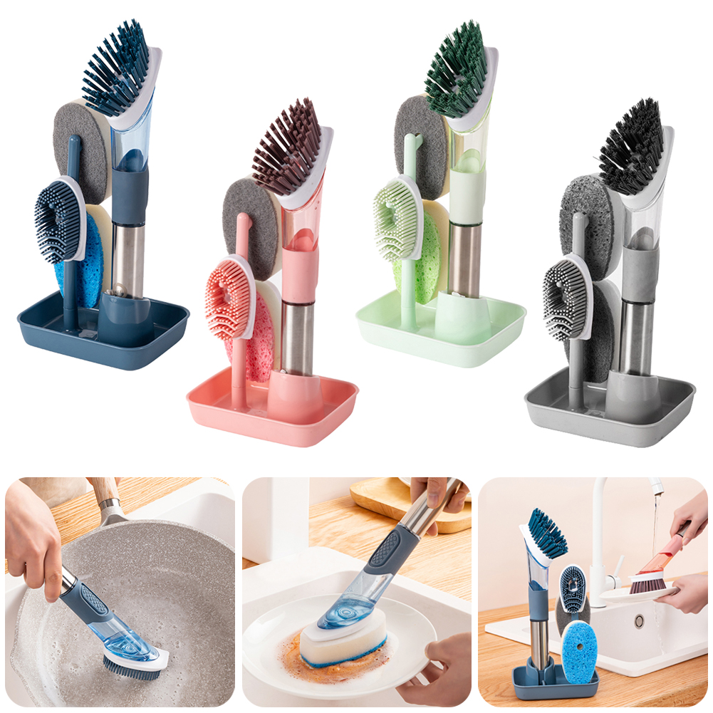 Automatic Brush Soap Dispenser for Kitchen Bath Dishwashing Sponge Long Handle Cleaning Brush