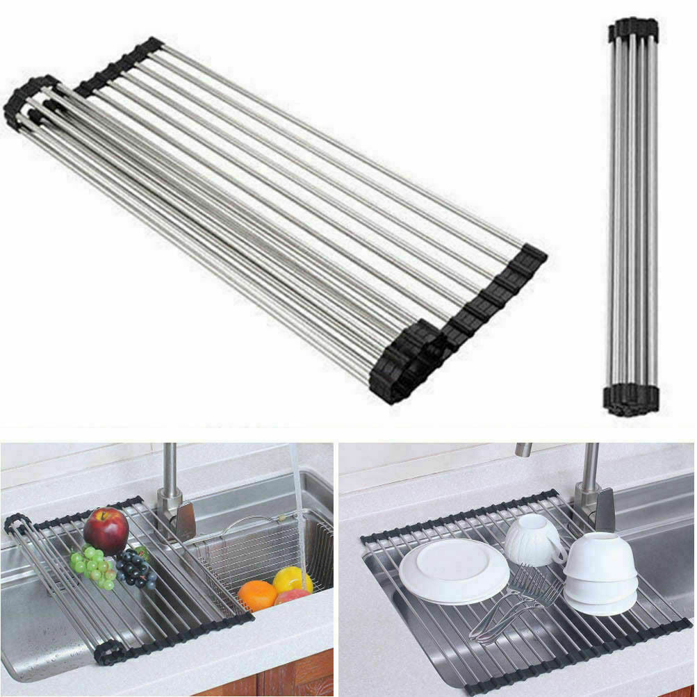 Kitchen Stainless Steel Sink Drain Rack Roll Up Dish Drying Drainer Mat heat resistant