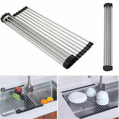 Kitchen Stainless Steel Sink Drain Rack Roll Up Dish Drying Drainer Mat heat resistant