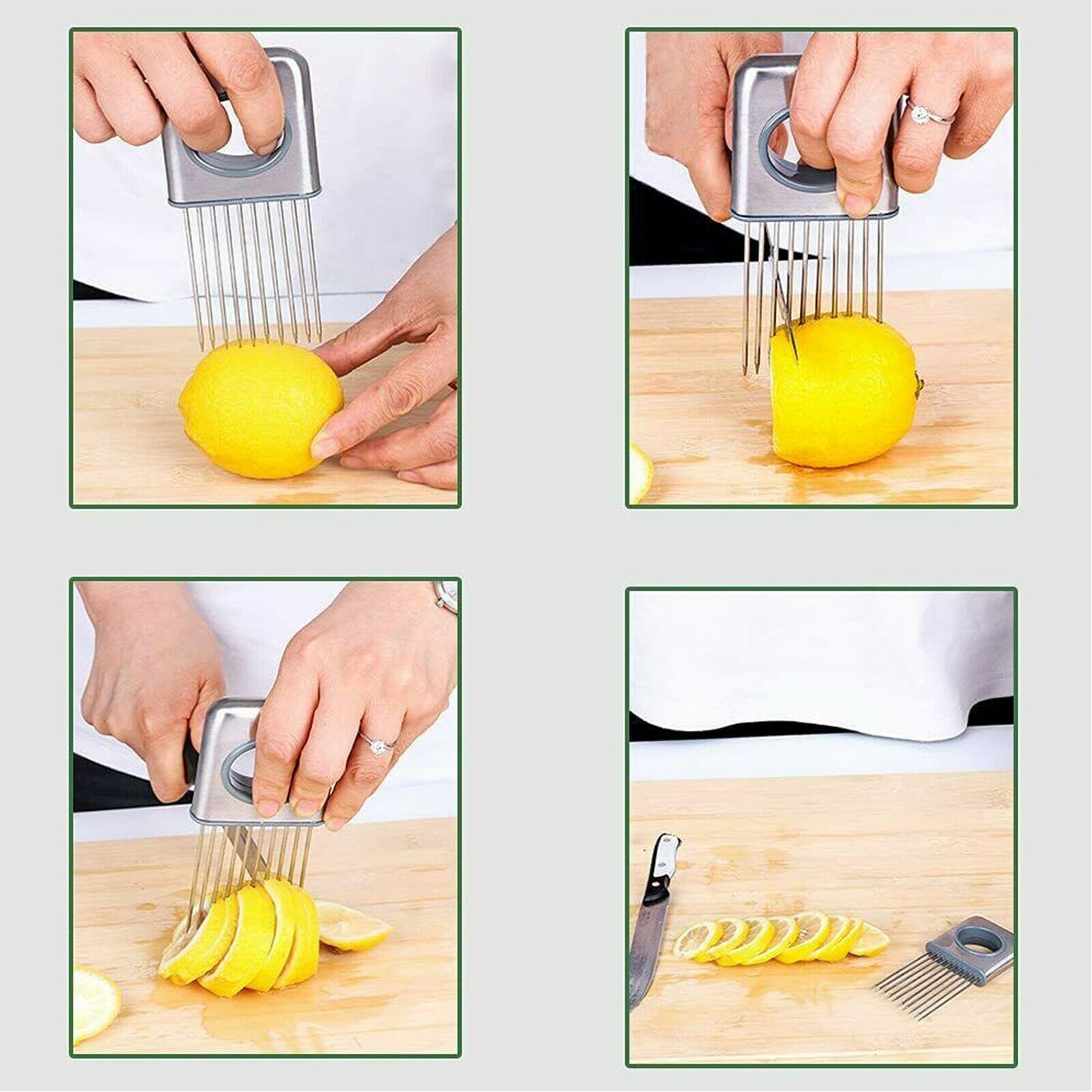 Onion Holder Slicer Vegetable Tools Stainless Steel Easy Onion Holder Slicing Guide Vegetable Tomato Lemon Meat Holder Slicer Tools Cutter, Cutting Kitchen Gadget, Silver