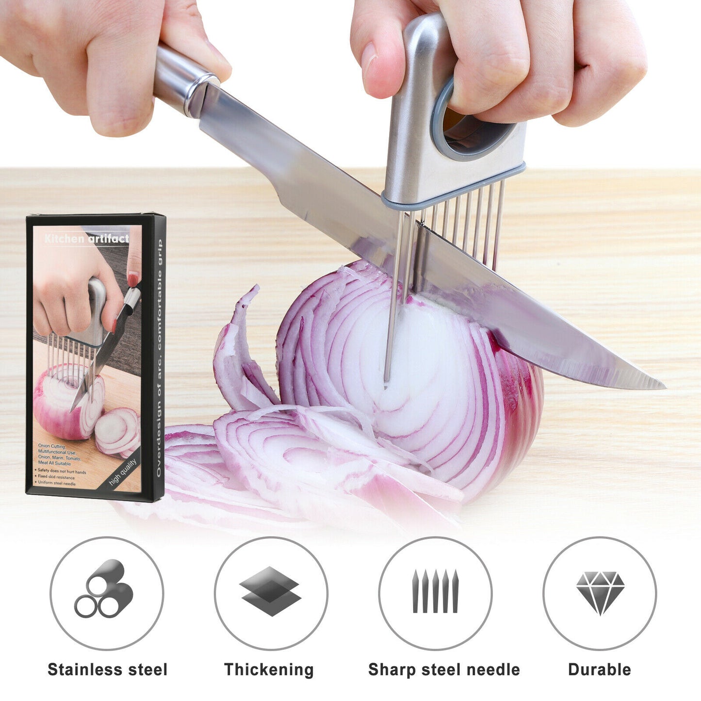 Onion Holder Slicer Vegetable Tools Stainless Steel Easy Onion Holder Slicing Guide Vegetable Tomato Lemon Meat Holder Slicer Tools Cutter, Cutting Kitchen Gadget, Silver