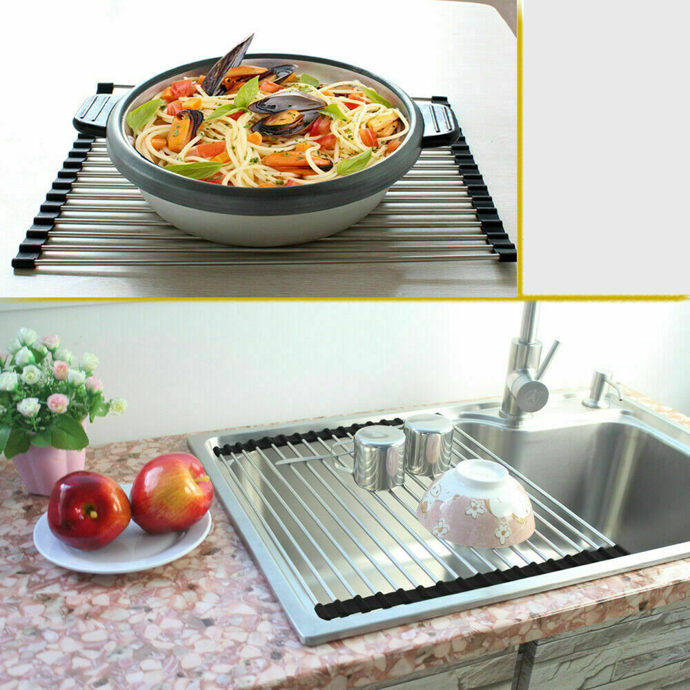 Kitchen Stainless Steel Sink Drain Rack Roll Up Dish Drying Drainer Mat heat resistant