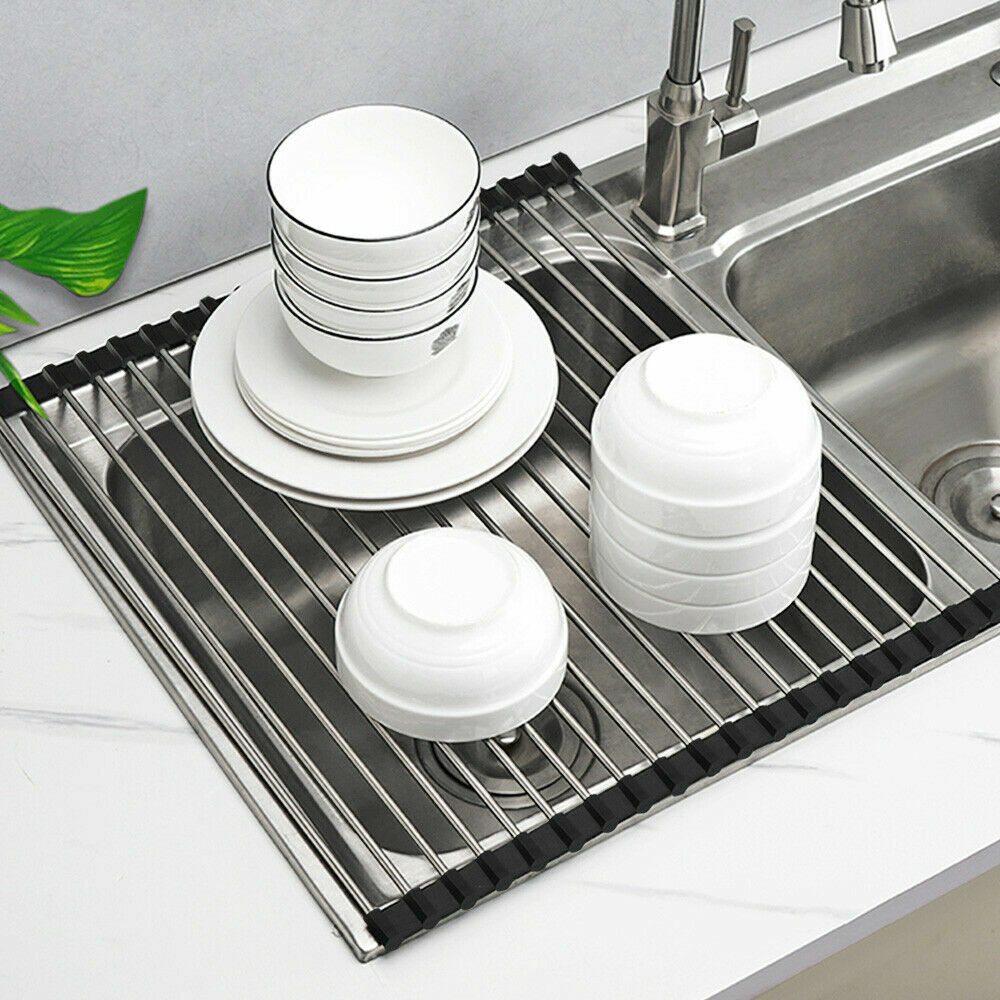 Kitchen Stainless Steel Sink Drain Rack Roll Up Dish Drying Drainer Mat heat resistant