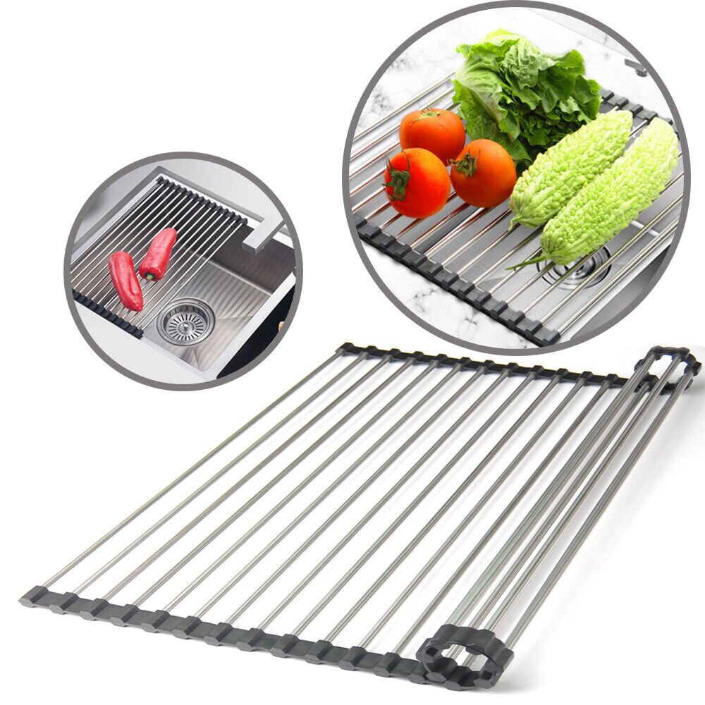 Kitchen Stainless Steel Sink Drain Rack Roll Up Dish Drying Drainer Mat heat resistant