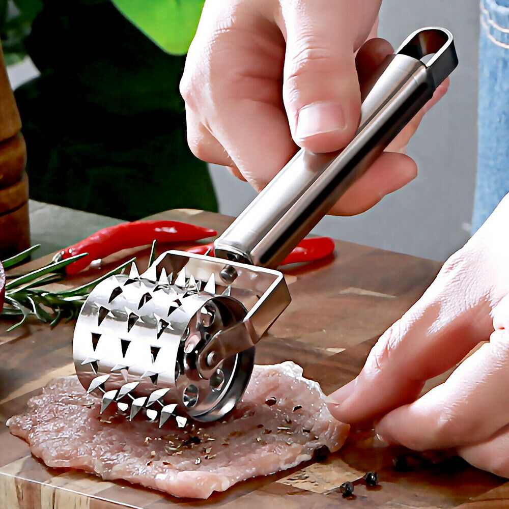 Stainless Steel Meat Tenderizer Strong Roller Beef Steak Chicken Mallet Hammer with Ergonomic Handle for Any Meat Kitchen Tool Gadget Silver